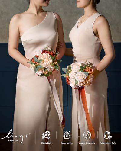 Ling's moment Wedding Artificial Flowers Package, Bridal Bouquet, Bridesmaid Bouquets, Boutonniere for Men, Rose Petals.Terracotta Orange - color: Or-terracotta & Orange