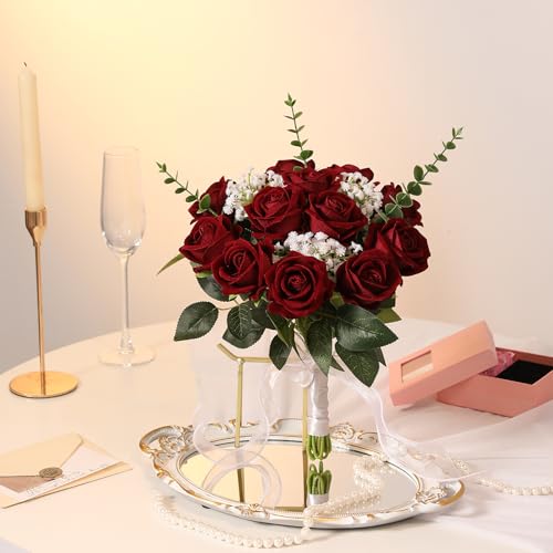 Hawesome 12PCS Artificial Flowers Fake Roses, Realistic Velvet Long Stem Red Roses Bouquet for Wedding Centerpiece Home Decor Party & Valentines (Wine) - color: Wine