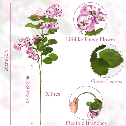 3Pack Artificial Pansy Flowers Silk Flowers Arrangements 35In Artificial Fake Flowers with Long Stems Spring Flower Bouquets for Vase Home Wedding Party Table Centerpiece Decor(Fuchsia) - color: Fuchsia