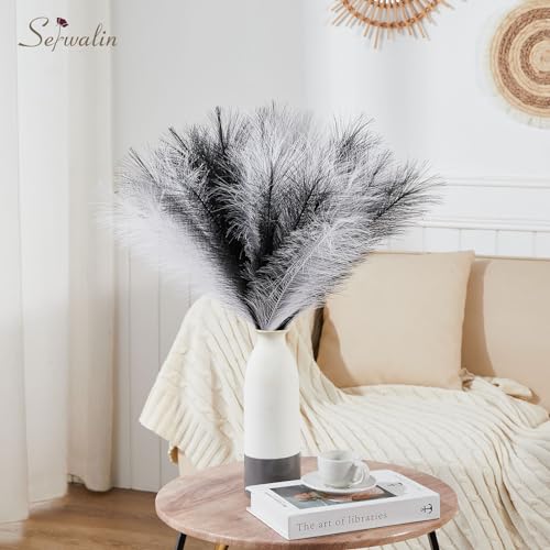 Serwalin 60Pcs Black Pampas Grass Decor, 17'' Faux Pampas Grass, Fluffy Artificial Pompous Grass Vase Filler Flower Arrangement for Living Room Decor Wedding Party Home Decor (Black＆White＆Gray) - color: E Black & Grey & White