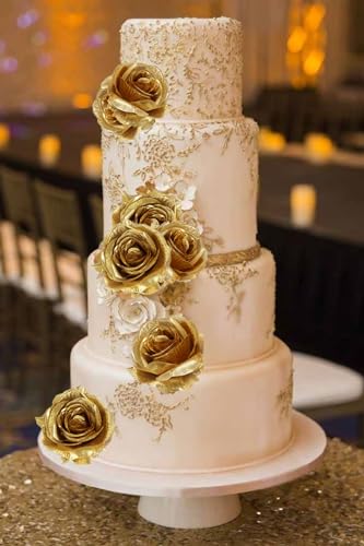 20pcs Gold Roses Artificial Flowers Fake Roses Real Looking Silk Flowers Bulk Big Faux Flowers with Stems for Wedding Centerpieces Table Home Party Decoration Bridal Floral Arrangement (Gold) - color: Gold