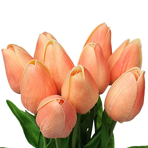 10 Pcs Peach Tulips Artificial Flowers Real Touch Fake Tulips Fake Flowers for Mother's Day 13.5" Faux Tulips Faux Flowers Bulk Artificial Tulips Flowers for Vase Centerpieces Home Wedding Bouquet - color: Peach #10