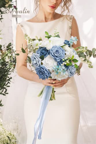 Serwalin Artificial Flowers Blue Fake Silk Foam Wedding Flowers for Bridal Bouquet White Roses with Stems for Home Party Decoration Faux Flower Table Centerpieces Arrangements for Baby Shower - color: A Blue & White, size: 1 Box