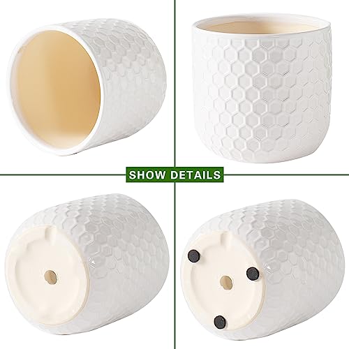 Docrin Ceramic Planters Indoor, 8 Inch Plant Pot with Drainage Holes for Home/Office - White Honeycomb - color: White - 1pcs