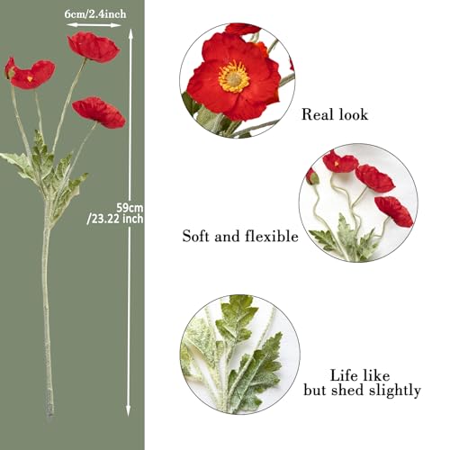Artificial Flowers 5Pcs Poppies Flowers Artificial Silk Flowers for Home Office Wedding Outdoor Decor (Red) - color: Red