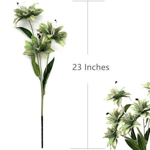 Artificial Silk Flowers Fake Lily Flower Long Stems Stargazer Lilies 4 Pack, Faux Tiger Bouquets with Full Bloom Floral Real Touch Plants for Home Kitchen Decor Wedding Party Hotel Decoration - Green - color: Lily Silk Flowers / Green 4 Pack