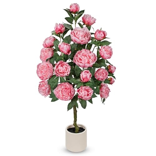 Hollyone Pink Fake Peonies Tree 4FT Peonies Artificial Flowers Tree in Pot Faux Peony Plants & Flowers in Planter Greenery Potted Plant Indoor Outdoor Front Door Porch Home Decor - color: 4ft - Pink