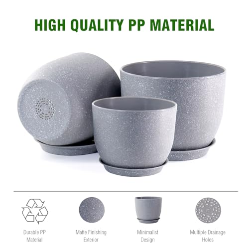 WSMKSZ 12/10/9 inch Large Plant Pots, 3 Pack Modern Decorative Plastic Planters with Drainage Holes and Saucer for House Garden Plants, Flower Pots for Indoor Outdoor Plants, Speckled Grey - color: Speckled Grey, size: 12"+10"+9"