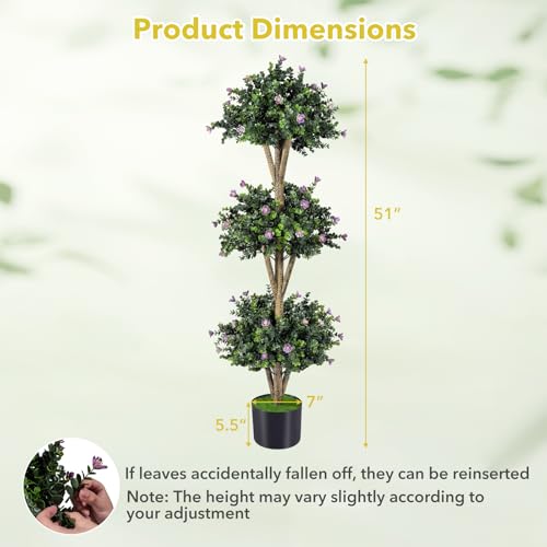 Goplus 51" Artificial Triple Ball Boxwood Topiary Tree, Faux Bush Plant with 59 Blossoms, Cement-Filled Plastic Pot, Sun-Resistant Indoor Outdoor Fake Greenery for Porch Home Decoration Housewarming - color: Purple