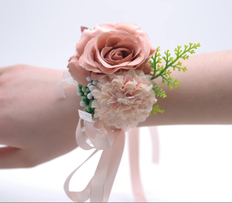 Rikyo 2 Pack Flower Wrist Corsage Boutonniere Set,3" Artificial Rose and Carnation Wrist Corsage and Men Boutonniere Set,Silk Flower for Wedding Flowers Accessories Prom Suit Decor (Rose Gold) - color: Rose Gold