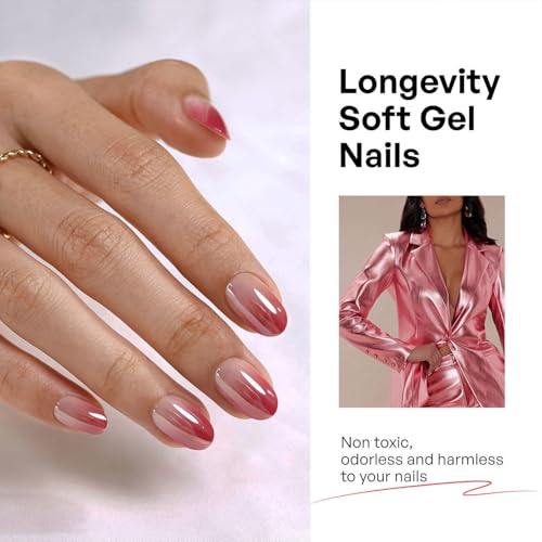 32Pcs Soft Gel Press on Nails for Women, Ombre Chrome, Short Oval | Glazed Donut Aurora False Fake Nails Press Ons for Office Daily Wear, Salon Quality Reusable Glue & Stick on Nail Gift Kit - color: 5K-Ombre Chrome