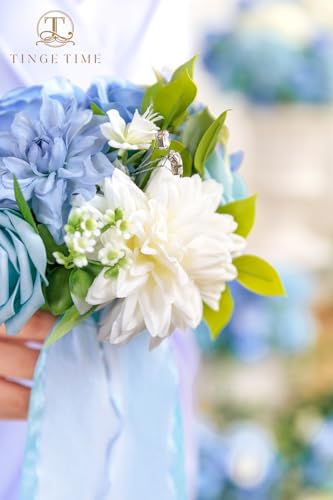 TINGE TIME 7 Inch Artificial Flowers Wedding Bouquets for Bridesmaid, Set of 4, Provence Blue Bride Tossing Bouquet for Summer Wedding Ceremony Bridal Shower Rehearsal Dinner Vintage Party - color: Provence Blue