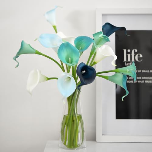 FiveSeasonStuff Posh Blue Mix Real Touch Calla Lilies, 15 Artificial PU Flower Stems with Bendable Green Stems, Faux Calla Lily Bouquet for Vase Arrangements - color: Posh Blue Mix