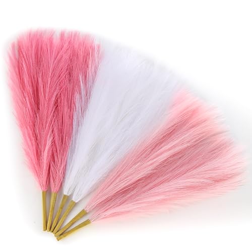 Pink Pampas Grass Decor 17.7 Inch 6pcs, Artificial Pampas Grass for Room Decoration, Blush Faux Pampas for Short Vase, Home Wedding Party Table Centerpieces