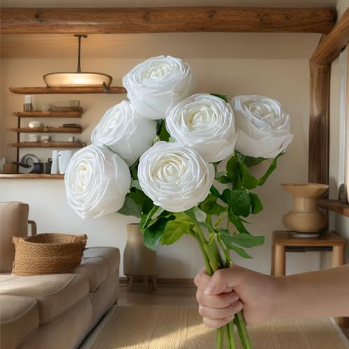 5Pcs White Real Touch Silk Flowers - Lifelike Roses Peony | Lifelike White roses & peonies with soft latex touch, no watering needed. Perfect for wedding bouquets, home decor & DIY - color: White