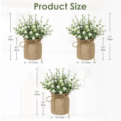 Artificial Mini Potted Flowers Set of 3, Faux Baby’s Breath Plant with Burlap Pot, Small Fake Greenery Desk Decor for Home Office Shelf Table Centerpiece, Rustic Farmhouse Wedding Spring Decorations - color: White-burlap