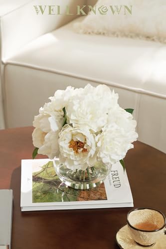 WELL KNOWN Artificial Flowers in Vase, Silk White Peonies Flowers with Glass Vase & Faux Water, Fake Flower Arrangement for Home Table Centerpieces Spring Wedding Party Decor Mom's Birthday Gift - color: Ivory White