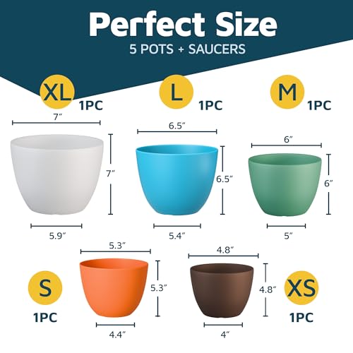 Multicolor Plant Pots with Drainage Holes & Saucers 5 Pack, Indoor & Outdoor Stackable Space-Saving Planters for Houseplants & Flowers, (7", 6.7", 6", 5.3", and 4.8" Inches), Durable & Weatherproof - color: Multicolor, size: Pack of 5