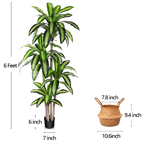 Ferrgoal Artificial Plants, 6 Ft Dracaena Tree Faux Plants Indoor Outdoor Decor Fake Tree with Woven Seagrass Basket Plants for Home Decor Office Living Room Porch Patio Housewarming | Tall Fake Plant With Realistic Leaves,Floor Plant for Home Décor Offic