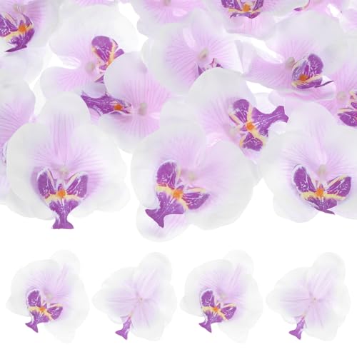 M METERXITY 20-Pack Artificial Orchid Flower Heads, Silk Faux Butterfly Flowers Head for Wedding/Bouquet/Bridal/Party Decor, Fake Phalaenopsis Petals Bulk [3.54 Inch, White Purple] - color: White Purple, size: 3.54 Inch