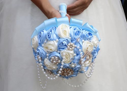 Light Blue Bridal Wedding Bouquet with Rhinestone Brooch Pearl String Cascade Bouquet for Bride Bridesmaid Quinceanera Satin Rose Flower Bouquet Wedding Light Blue and Ivory 7.5in - color: Light Blue & Ivory, size: Medium (DIA. 7.5"/19cm)