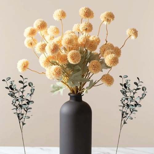 RyddeligHome Yellow Flowers Artificial 10 Long Stems Kiku Flower with Eucalyptus, Spring Flowers Decor, Mustard Yellow Decor, Flores Amarillas Artificiales para Decoracion, Faux Summer Floral Stems - color: Yellow