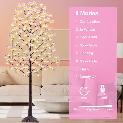 7FT Lighted Cherry Blossom Tree - Faux Artificial Light Up Pink Tree with 144 Lights, 432 Lush Flowers, Timer, Remote 8 Modes Cherry Blossom Tree for Spring Wedding Valentines Indoor Outdoor Decor - size: 7ft