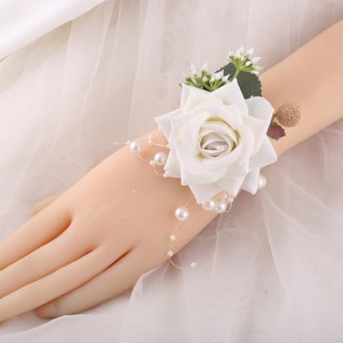 Ivory Wrist Corsages Set of 6 for Bridal Bride Bridesmaid Women Artificial Hand Flower Formal Party Wrist Corsage Pearl Band Wristlet Wedding Prom Homecoming Ivory - color: Ivory Corsages ( 6pcs )