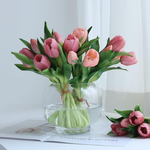 20 Pcs Artificial Pink Tulips, Real Touch Faux Tulip Flowers for Home Decor, Vase Arrangements, Romantic Gift for Her - color: Pink：romantic Home Decor Gift