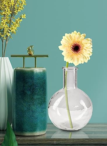 Serene Spaces Living Clear Bottleneck Bulb Glass Vase, Vintage Round Flower Vase for Console Table, Shelf, Living Room, Bathroom, Office, Wedding, Measures 5.3" Diameter & 7.48" Tall, Pack of 16 - color: Clear, Set of 16