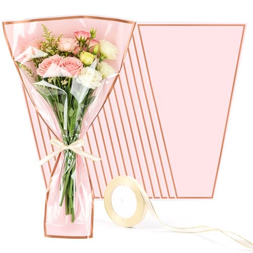 DIYASY 50 Pcs Flower Wrapping Bags for Bouquets, Pink Floral Packing Sleeves with Ribbons Florist Wrap Supplies for Wedding Mother's Day Graduation Gift - color: Pink
