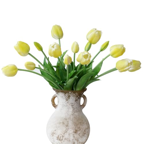 mizii 15Pcs Yellow Tulips Artificial Flowers Latex Plastic Real Touch Fake Tulips Flowers Look Real Faux Tulip Flower Bouquet Decoration for Vase Room Table Centerpieces Home Decor (Yellow) - color: Yellow