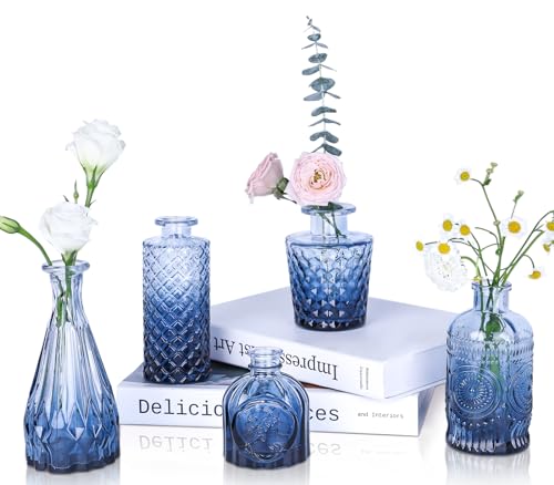 UPBUD Navy Blue Glass Bud Vases Set of 5, Mini Flower Vase for Centerpieces, Small Clear Vases in Bulk for Wedding Decorations, Vintage Vase for Table, Graduation, Home Décor - color: Standard-blue, size: 5pcs