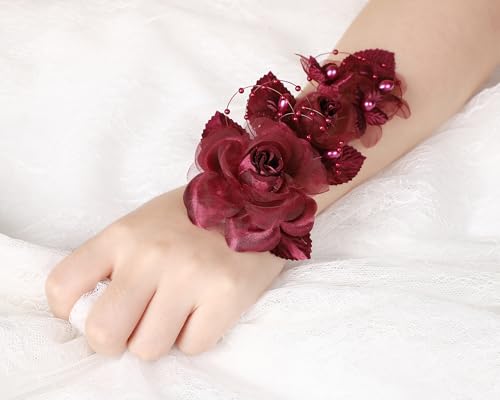 Set of 12 Artificial Silk Organza Craft Rose Flower, 12 Corsage Wristlet, 12 Pin Back DIY Boutonnieres for Wedding, Bridesmaids, Groomsmen, Quinceanera, Prom, Sweet 16 (Burgundy) - color: Burgundy