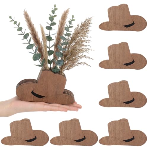 LemonRoad Wooden Cowboy Hat Vases for Wedding 6 x 4'' Western Vase Cowboy Hat Vases for Flower Faux Greenery Rustic Western Centerpieces for Table Flowers Wedding Party Decor - color: Brown, size: Hat