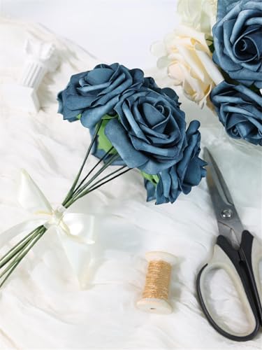 Artificial Flowers 25 Pack Blue Faux Foam Roses with Stems, Real Looking Fake Rose for DIY Wedding Bouquets, Bridal Shower Centerpieces, Party Table Decorations, Home Decor - color: Navy Blue, size: 25Pcs
