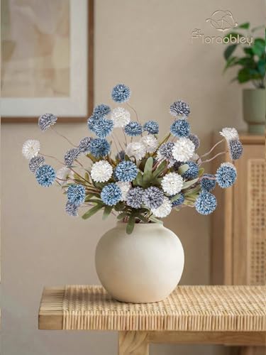 9pcs Fake Flowers Silk Mini Mums with Stems, Blue & White Faux Chrysanthemum Pompon Balls Artificial Flower Bulk for DIY Wedding Centerpieces, Vase Fillers, Floral Arrangements & Home Decor - color: Blue & White