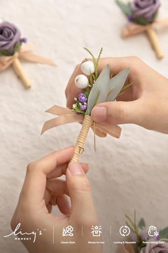 Ling's moment Boutonniere for Men, 6pcs Groom Groomsmen Boutonniere, Artificial Flowers for Wedding Decor/Prom/Homecoming, etc.Lilac Berry - color: Brn-lilac & Berry