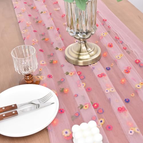 Joanlody 3pcs Blushing Pink Embroidery Daisy Table Runner Valentine’s Day Florals Seasonal Easter Tulle Table Runner Holiday Kitchen Dining Table Decoration for Home Party Indoor - color: Blushing Pink, size: 10ft x 3pack