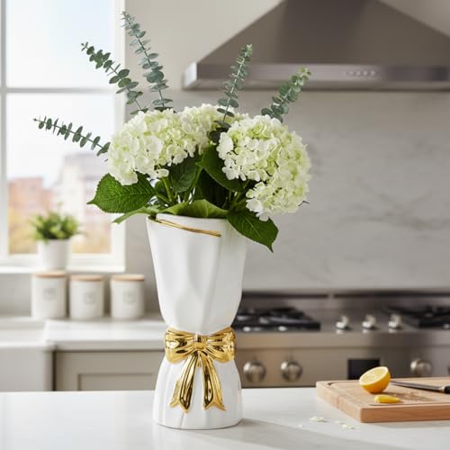 11 Inch White Ceramic Vase with Bow - Modern Boho Vase for Pampas Grass, Tall Decorative Vases Home Decor, Entryway Table, Living Room, Wedding Centerpiece - color: White, size: 11 inch