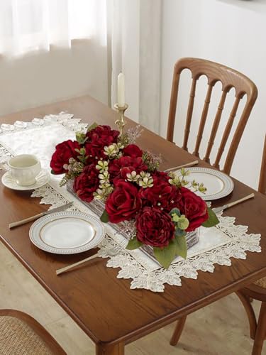Flower Arrangement with Wooden Vase 14" Artificial Flowers in Pot - Fake Flowers Roses Peonies Hydrangeas in Wooden Vase Potted Artificial Flower Centerpieces for Table Decor Living Room - Red - color: 14"l Burgundy Red