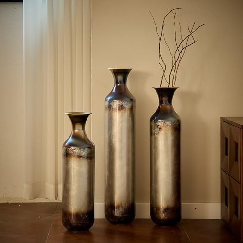 Metal Decorative Vase Tall Floor Centerpiece Antique Vases for Living Room, Set of 3 Vases for Home Decoration 28", 24", 20" Height, Steel Gray - color: Floor Vases Steel