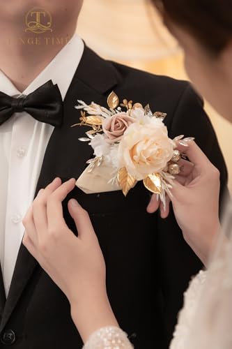 TINGE TIME Luxury Groom Boutonniere for Wedding, 1 PCS Pocket Boutonniere for Men, Artificial Corsage for Wedding, Prom, Homecoming, Anniversary, Graduation, Christmas Dinner (Champagne&Pink) - color: Champagne&pink