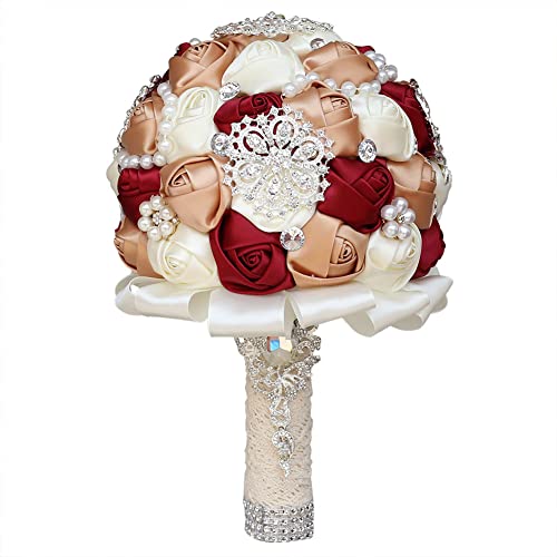 Sharebeauty 7.9 Inch Handmade Satin Rose Bridal Bouquet Toss Round Wedding Bouquet Throw Toss Artificial Flower Bunch Brown Yellow + Dark Red + Ivory - color: W3217d11 Brown Yellow/Dark Red/Ivory
