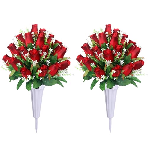 Artificial Cemetery Flowers for Grave,2Pack Memorial Roses Bouquets with Vase for Grave Tombstone Decorations (Red) - color: Red