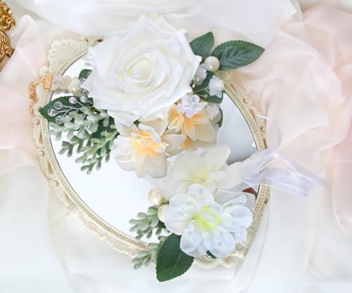 2Pcs Wedding Corsage and Boutonniere Set White Rose Corsage Wristlet and Boutonniere for Men Women Groom Bride Bridesmaid Groomsmen Wedding Party Accessory Prom Decoration (White) - color: White