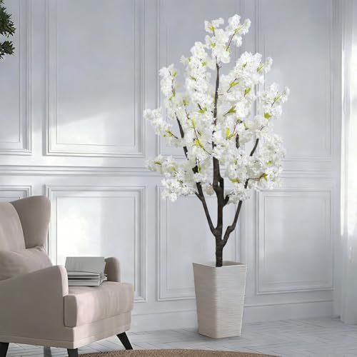Faux White Cherry Blossom 6ft(72in) Artificial Floor Green Plant for Indoor Decor Natural Potted Tree with Texture Flowers Realistic Wood Trunk for Home Living Room,Office Perfect Housewarming Gift - color: Cherry Blossom(white 8), size: 6ft