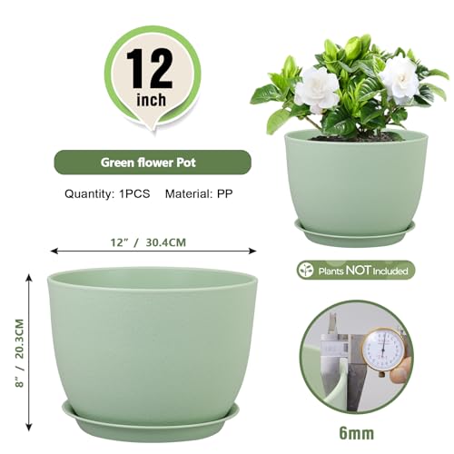Meowell 12 inch Big Plant Pots, Plastic Planters with Drainage Holes and Trays, Flower Pots for Indoor Outdoor Plants, Modern Decorative Pots for Garden House Plants, Green - color: Green, size: 12inch C
