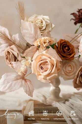 Ling's moment Fake Flowers Box, Faux Artificial Greenery Stems Foam Roses Gardenia Silk Peony Pampas Fabic Flower for Centerpieces Bouquet Wedding Vase Floral Decorations, Boho & Sepia, Mini Combo - color: Boho & Sepia