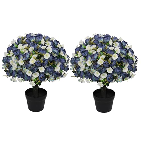 24" Artificial Potted Flowers for Outdoor, Faux Navy Blue Peony | Set of 2 UV Resistant Silk Fake Outdoor Plants & Flowers in Cement Pots for Outside Front Porch Home Indoor Decor - color: Vintage Blue, size: 24" Luxury Peony